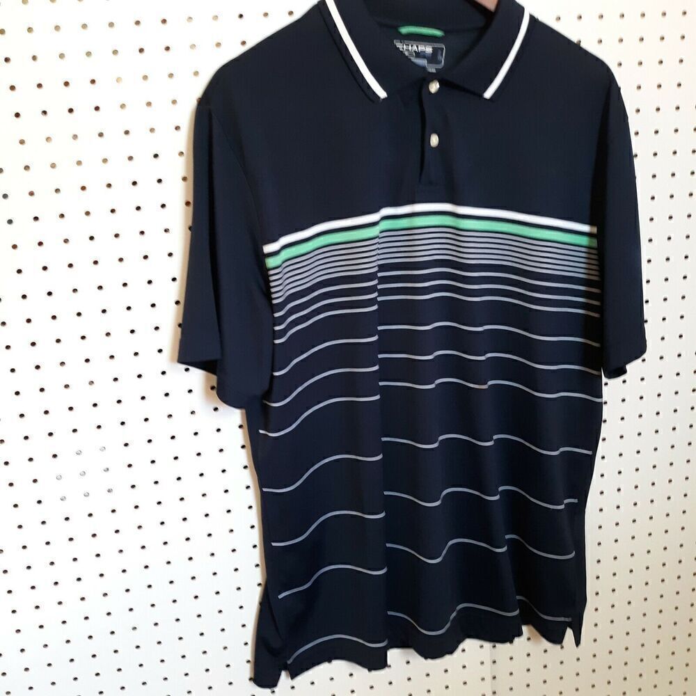 CHAPS 78 Golf Stay Dry Short Sleeve Polo Shirt Navy Striped Mens Sz Large